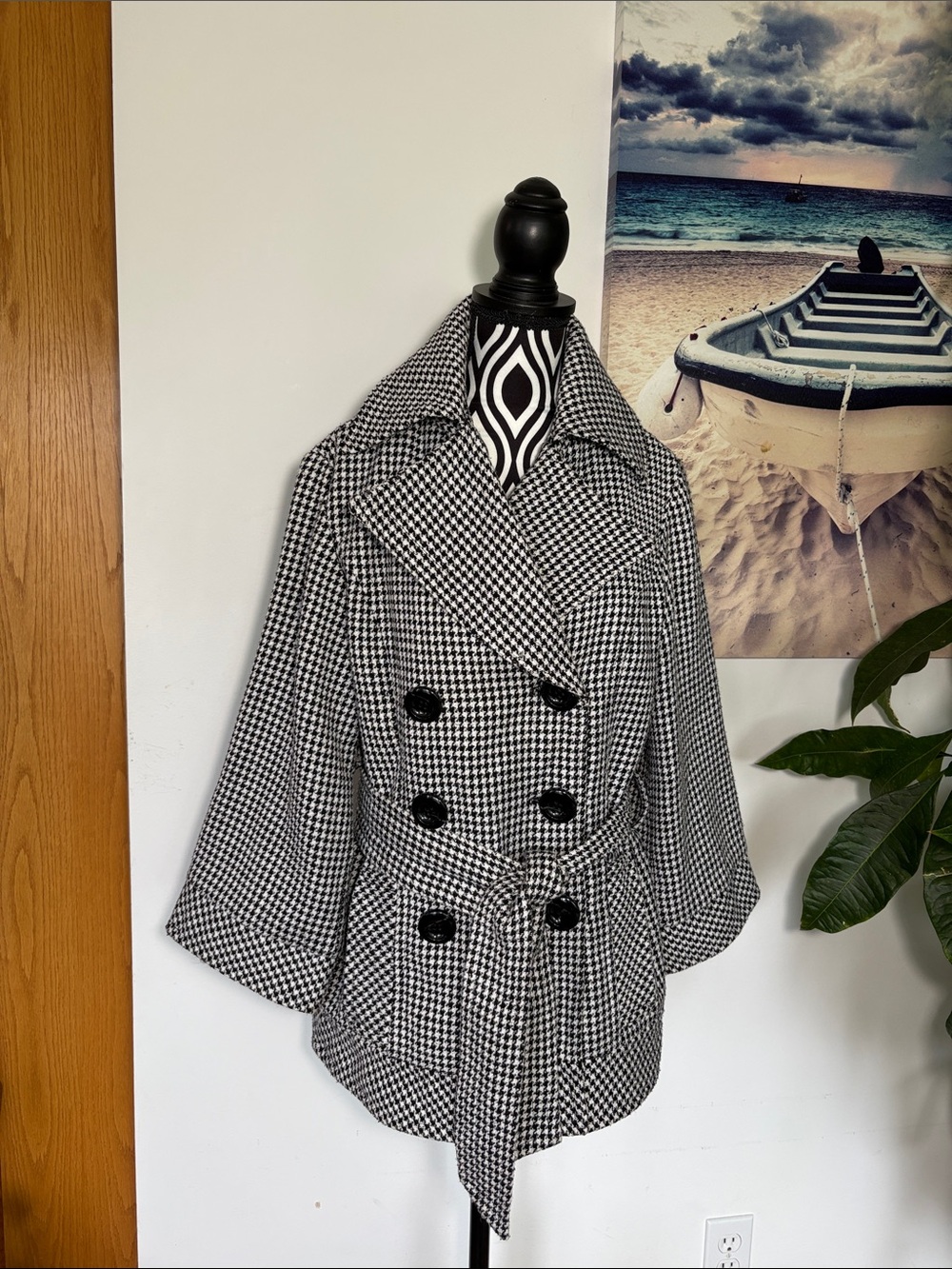 Isaac Mizrahi Black & White Houndstooth Double-Breasted Pea Coat